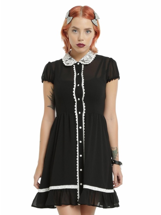 Hot Topic Dresses & Skirts - Hot Topic Black Button-Up Lace Collar Chiffon Dress Sz L nwt